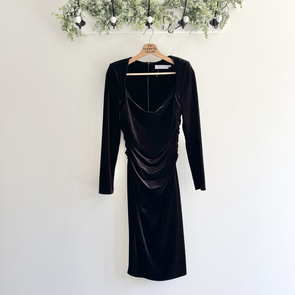 Astr Black Velvet Ruched Long Sleeve Square Neck Shoulder Pad Midi Dress Size M